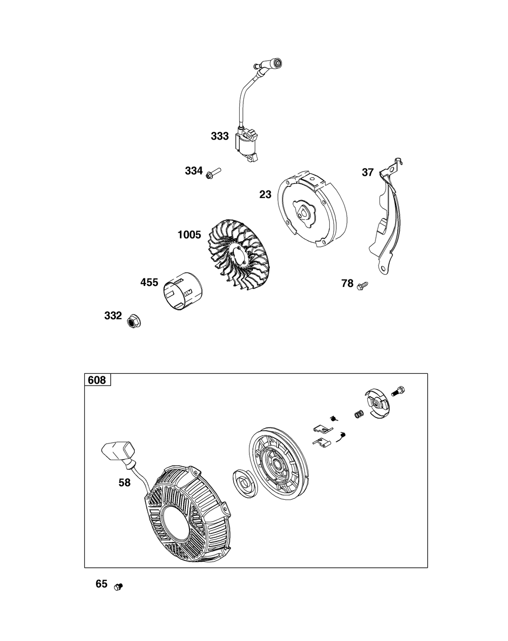 Flywheel, Ignition And Starter Group Diagram and Parts List for 13R232-0039-H5 100000 - 19Z999 Briggs and Stratton Engine